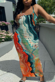 Claret Casual Graphics Print Sleeveless Backless Spaghetti Strap Long Bodycon Maxi Slip Dress