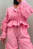 Black Casual V Neck Long Sleeve Ruched Ruffle Jacket And Wide Leg Pants Two Pieces Trouser Sets