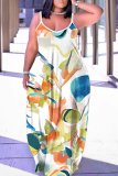 Multicolor Graphcis Print Backless Spaghetti Strap Floor Length Vacation Baggy Sundress Slip Maxi Dress