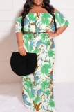Orange Casual Floral Print Off Shoulder Flutter Sleeve Long Loose Vacation Plus Size Maxi Dresses