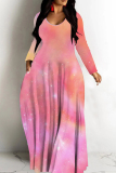 Blue Yellow Tie Dye V Neck Long Sleeve Floor Length Fall Vacation Straight Loose Maxi Dress