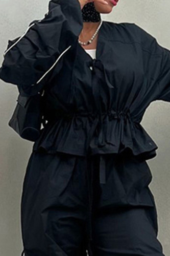 Black Casual V Neck Long Sleeve Ruched Ruffle Jacket And Wide Leg Pants Two Pieces Trouser Sets