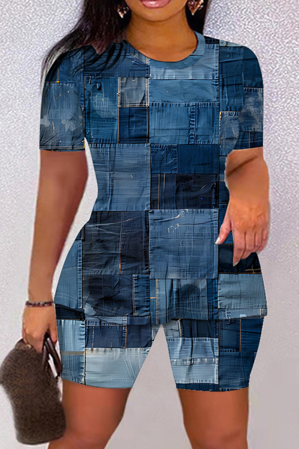 Dark Blue Casual Faux Denim PrintO Neck Short Sleeve Oversize T-Shirt And Shorts Two Pieces Shorts Sets
