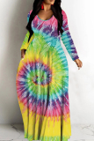 Blue Yellow Tie Dye V Neck Long Sleeve Floor Length Fall Vacation Straight Loose Maxi Dress