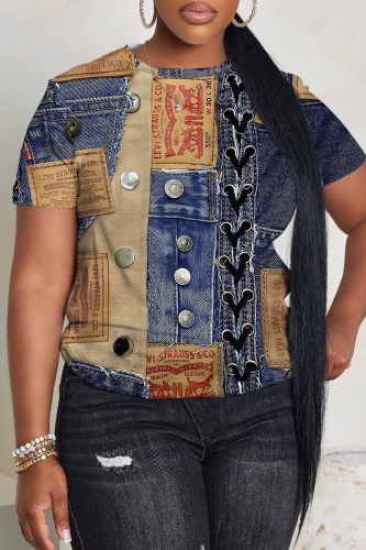 Blue Khaki Casual Graphics Print Denim Patchwork O Neck Short Sleeve Oversize T-Shirts