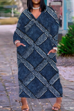Gray Blue Casual Graphics Print Basic V Neck Long Sleeve Loose Pockets Straight Maxi Dress