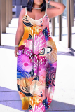 Multicolor Graphcis Print Backless Spaghetti Strap Floor Length Vacation Baggy Sundress Slip Maxi Dress