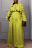 Green Pile Up Sleeve Ruched Belted Crop Tops And Pleated Maxi Skirt Casual Vacation Two Pieces Dress Sets