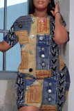 Medium Blue Casual Graphics Print O Neck Short Sleeve Oversize T-Shirt And Shorts Two Pieces Shorts Sets