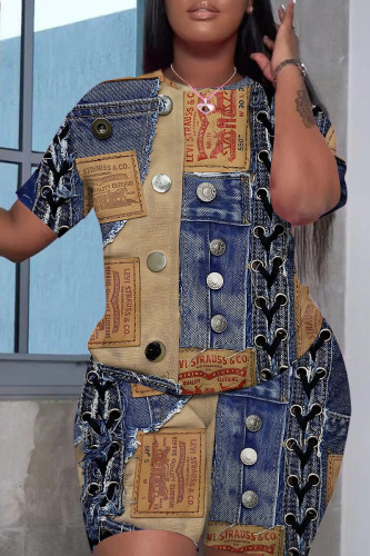 Medium Blue Casual Graphics Print O Neck Short Sleeve Oversize T-Shirt And Shorts Two Pieces Shorts Sets