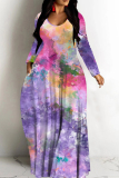 Blue Yellow Tie Dye V Neck Long Sleeve Floor Length Fall Vacation Straight Loose Maxi Dress