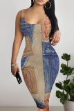 Dark Blue Street Faux Denim Print U Neck Sleeveless Vacation Bodycon Midi Tank Dress