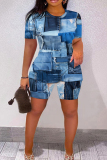 Dark Blue Casual Faux Denim PrintO Neck Short Sleeve Oversize T-Shirt And Shorts Two Pieces Shorts Sets