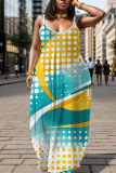 Blue Graphcis Print Backless Spaghetti Strap Floor Length Vacation Baggy Sundress Slip Maxi Dress