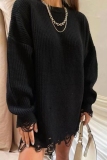 Green Casual O Neck Long Sleeve Ripped Knitted Sweater