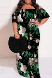 Orange Casual Floral Print Off Shoulder Flutter Sleeve Long Loose Vacation Plus Size Maxi Dresses