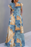 Blue Casual Denim Patchwork Short Sleeve V Neck Cinch Waist Pocket Vacation Wide Leg Jumpsuits