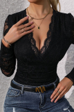 Black Lace V Neck Long Sleeve Hollow Out Skinny Bodysuits