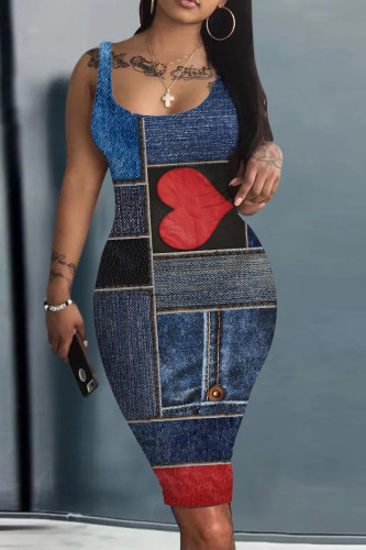 Blue Casual Graphics Print U Neck Sleeveless Vacation Bodycon Midi Tank Dress