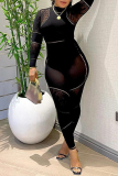Black See-Through O Neck Long Sleeve Skinny Jumpsuits One Piece Bodysuit