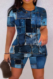 Dark Blue Casual Faux Denim PrintO Neck Short Sleeve Oversize T-Shirt And Shorts Two Pieces Shorts Sets