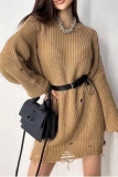 Green Casual O Neck Long Sleeve Ripped Knitted Sweater