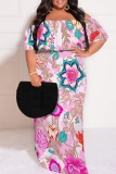 Pink Casual Floral Print Off Shoulder Flutter Sleeve Long Loose Vacation Plus Size Maxi Dresses