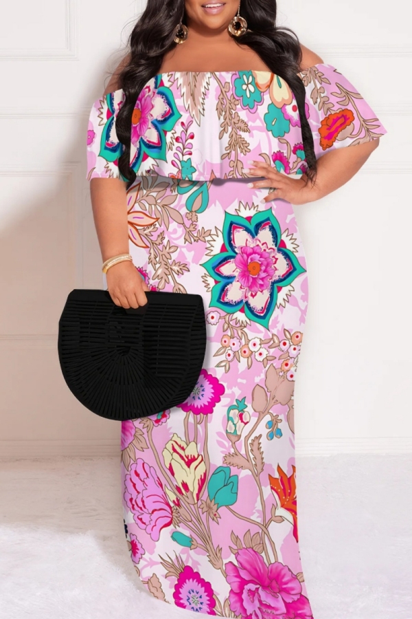 Off Shoulder Flutter Sleeves Satin Dress With Pocket Blushing Pink Plus Size main image 1