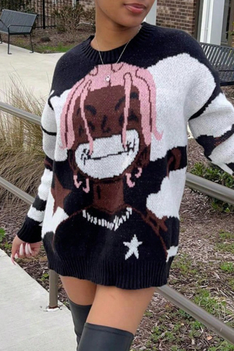 Black Casual Graphics Print O Neck Long Sleeve Oversize Sweater