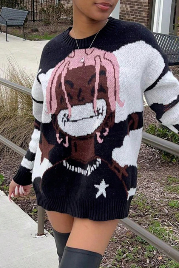 Black Casual Graphics Print O Neck Long Sleeve Oversize Sweater