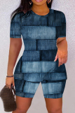 Dark Blue Casual Faux Denim PrintO Neck Short Sleeve Oversize T-Shirt And Shorts Two Pieces Shorts Sets