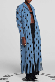 Blue Casual Turndown Collar Long Sleeve Fringed Trim Hollow Out Longline Denim Jacket