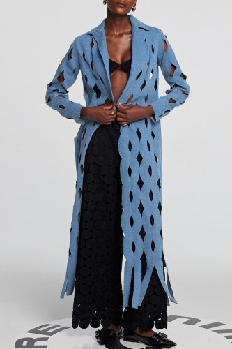 Blue Casual Turndown Collar Long Sleeve Fringed Trim Hollow Out Longline Denim Jacket