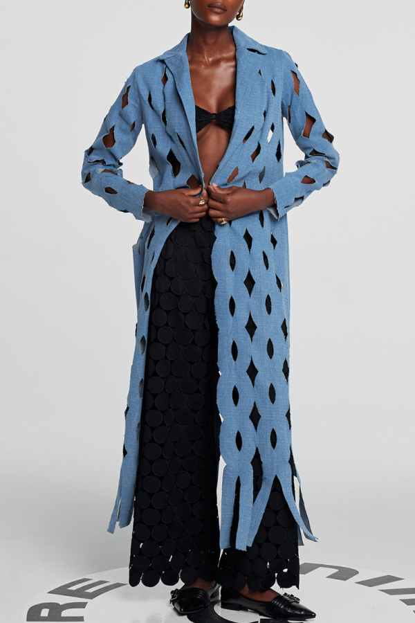 Blue Casual Turndown Collar Long Sleeve Fringed Trim Hollow Out Longline Denim Jacket