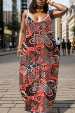 Blue Graphcis Print Backless Spaghetti Strap Floor Length Vacation Baggy Sundress Slip Maxi Dress