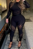 Black See-Through O Neck Long Sleeve Skinny Jumpsuits One Piece Bodysuit