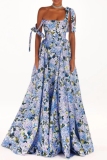 Blue Casual Floral Print Sleeveless Backless Belted Spaghetti Strap Tie Shoulder Vacation A Line Maxi Slip Dresses