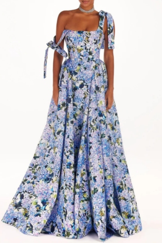 Blue Casual Floral Print Sleeveless Backless Belted Spaghetti Strap Tie Shoulder Vacation A Line Maxi Slip Dresses
