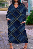 Gray Blue Casual Graphics Print Basic V Neck Long Sleeve Loose Pockets Straight Maxi Dress