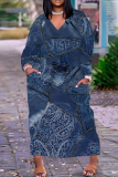 Gray Blue Casual Graphics Print Basic V Neck Long Sleeve Loose Pockets Straight Maxi Dress