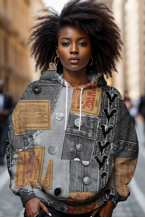 Blue Khaki Denim Patchwork Long Sleeve Hooded Sweatshirt With Pockets