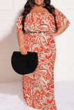Orange Casual Floral Print Off Shoulder Flutter Sleeve Long Loose Vacation Plus Size Maxi Dresses