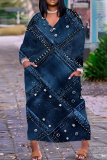 Gray Blue Casual Graphics Print Basic V Neck Long Sleeve Loose Pockets Straight Maxi Dress