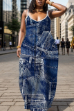 Blue Graphcis Print Backless Spaghetti Strap Floor Length Vacation Baggy Sundress Slip Maxi Dress