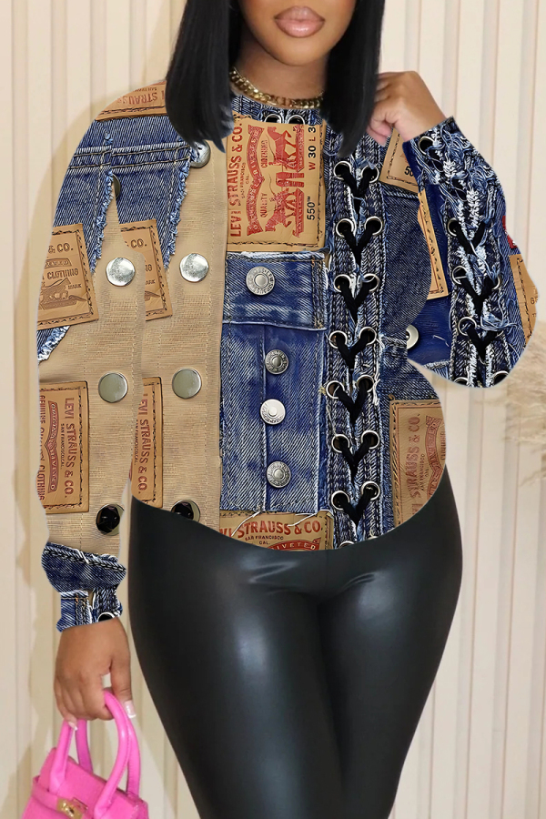 Khaki Casual Graphics Denim Print O Neck Long Sleeve Fall Winter Sweatshirt