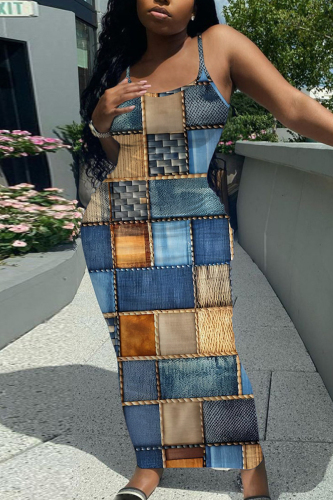 Blue Khaki Casual Graphics Print Sleeveless Backless Spaghetti Strap Long Bodycon Maxi Slip Dress