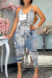 Denim Blue Casual Sleeveless V Neck Pocket Loose Harem Leg Cami Jumpsuits