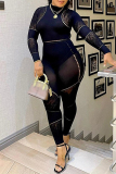 Black See-Through O Neck Long Sleeve Skinny Jumpsuits One Piece Bodysuit