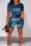 Dark Blue Casual Faux Denim PrintO Neck Short Sleeve Oversize T-Shirt And Shorts Two Pieces Shorts Sets