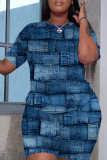 Medium Blue Casual Graphics Print O Neck Short Sleeve Oversize T-Shirt And Shorts Two Pieces Shorts Sets